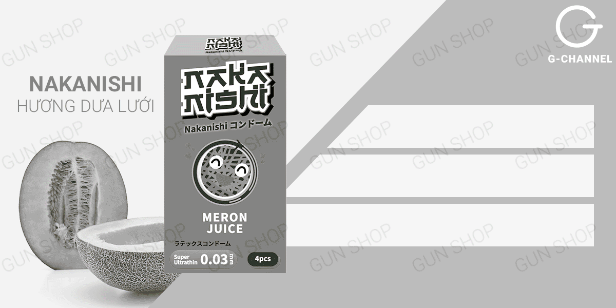 Bao cao su Nakanishi siêu mỏng 0.03mm hương dưa lưới hộp 4 cái Bao cao su Nakanishi siêu mỏng 0.03mm hương dưa lưới hộp 4 cái