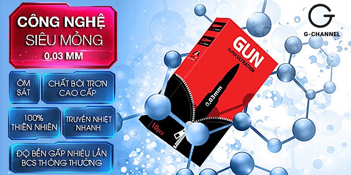 Bao cao su Gun Super Ultra Thin 0.03mm siêu mỏng hộp 10 cái an toàn Bao cao su Gun Super Ultra Thin 0.03mm siêu mỏng hộp 10 cái an toàn